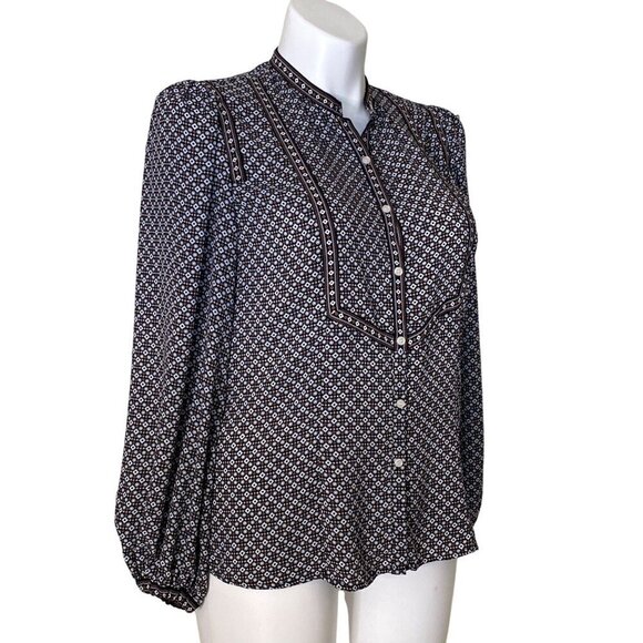Max Studio Geometric Print Blouse Button Front Balloon Sleeves, Women's Size L - Picture 2 of 9